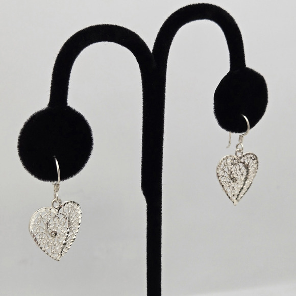 Vintage Sterling Silver Heart Earrings Diamond Cut Open Work Ornate Boho Classic - Picture 4 of 13